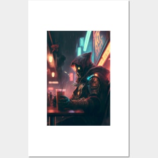 Cyberpunk Character Sipping on Coffee in a Neon Cafe Posters and Art